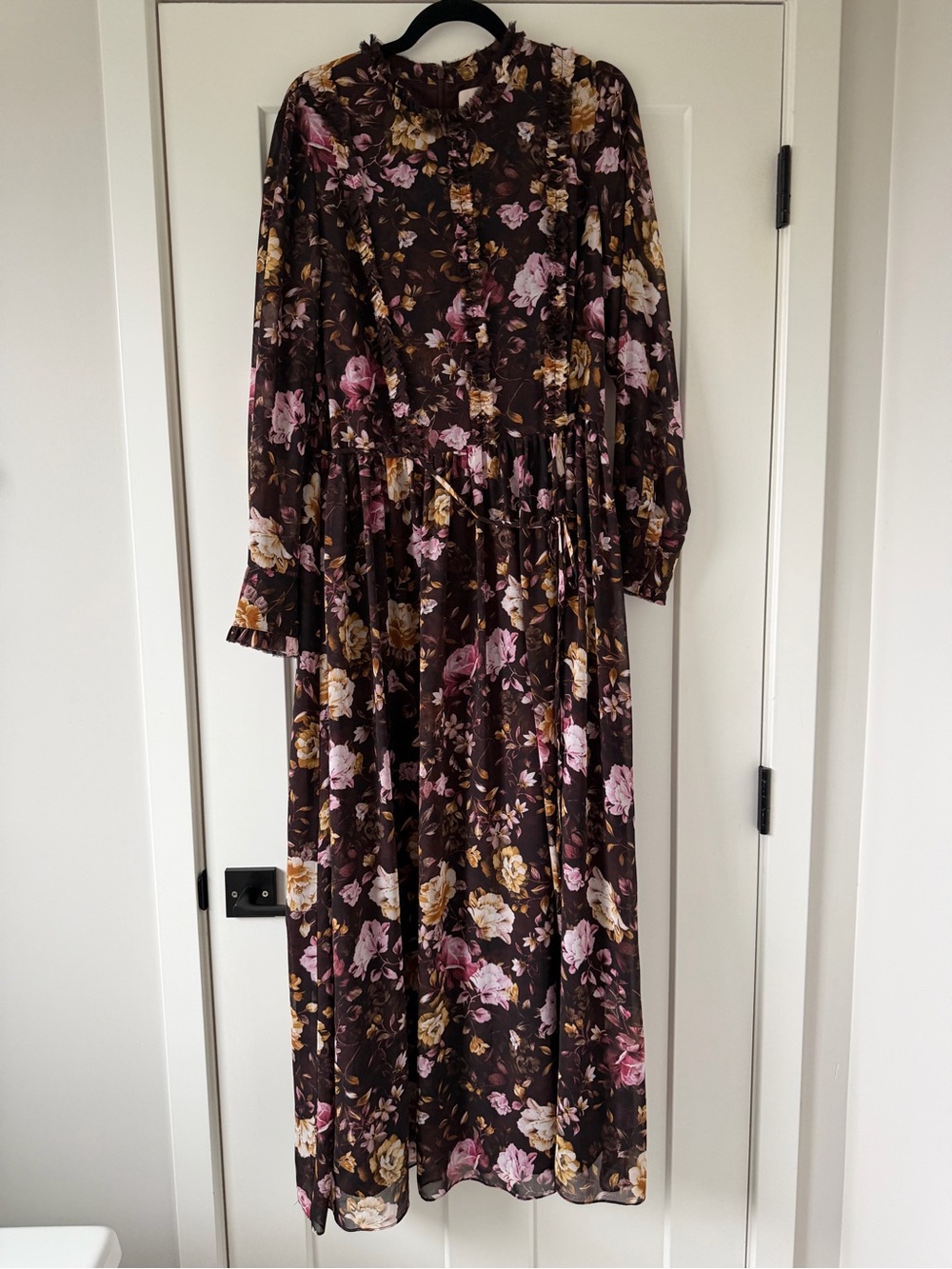 Gal Meets Glam Collection Brown Floral Ruffle Maxi Dress Size 14 Makela